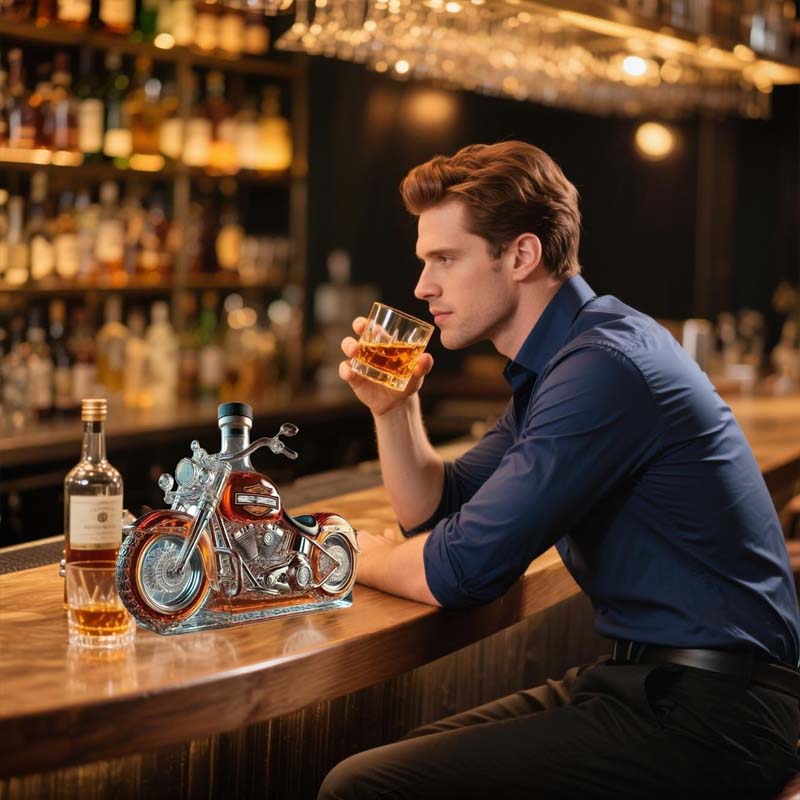 Botella de vino creativa de cristal con forma de motocicleta