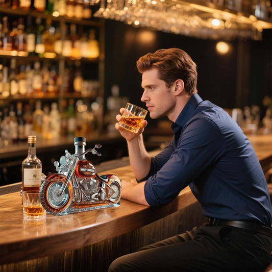 Botella de vino creativa de cristal con forma de motocicleta