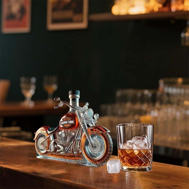 Botella de vino creativa de cristal con forma de motocicleta