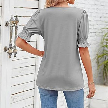 ⏳Venta limitada path🌸T camisa de cuello cuadrado con mangas smocked para mujer