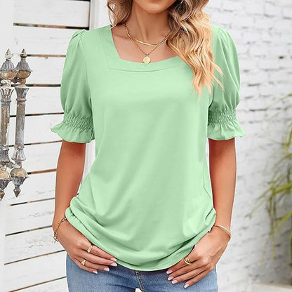⏳Venta limitada path🌸T camisa de cuello cuadrado con mangas smocked para mujer