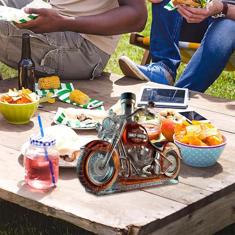 Botella de vino creativa de cristal con forma de motocicleta