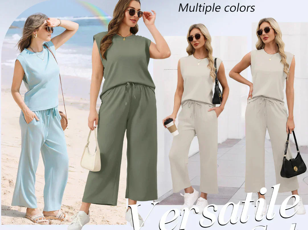 ✨Venta temporal 45% DESCUENTO🎁🌺2025 Nuevo top casual de mujer de manga casquillo y pantalón de pierna ancha en dos piezas.