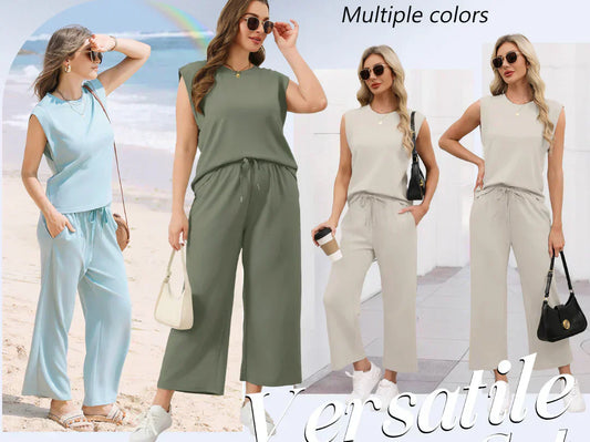 ✨Venta temporal 45% DESCUENTO🎁🌺2025 Nuevo top casual de mujer de manga casquillo y pantalón de pierna ancha en dos piezas.